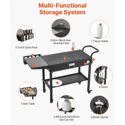 VEVOR Outdoor Grill Cart, 31.0 x 17.0 inch Tabletop Size Grilling Table, Foldable Outdoor Cooking Table with Tissue Holder, Hooks, Wheels, Side Table, BBQ Prep Tables for Picnic, Kitchen, Courtyard