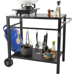 VEVOR Outdoor Grill Dining Cart with Double-Shelf, BBQ Movable Food Prep Table, Multifunctional Iron Table Top, Portable Modular Carts for Pizza Oven, Worktable with 2 Wheels, Carry Handle, Black
