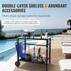 VEVOR Outdoor Grill Dining Cart with Double-Shelf, BBQ Movable Food Prep Table, Multifunctional Iron Table Top, Portable Modular Carts for Pizza Oven, Worktable with 2 Wheels, Carry Handle, Black
