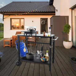 VEVOR Outdoor Grill Dining Cart with Double-Shelf, BBQ Movable Food Prep Table, Multifunctional Iron Table Top, Portable Modular Carts for Pizza Oven, Worktable with 2 Wheels, Carry Handle, Black