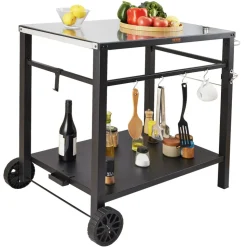 VEVOR Outdoor Grill Dining Cart with Double-Shelf, BBQ Movable Food Prep Table, Multifunctional Iron Table Top, Portable Modular Carts for Pizza Oven, Worktable with 2 Wheels, Carry Handle, Black