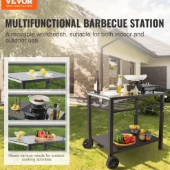 VEVOR Outdoor Grill Dining Cart with Double-Shelf, BBQ Movable Food Prep Table, Multifunctional Iron Table Top, Portable Modular Carts for Pizza Oven, Worktable with 2 Wheels, Carry Handle, Black