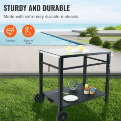 VEVOR Outdoor Grill Dining Cart with Double-Shelf, BBQ Movable Food Prep Table, Multifunctional Iron Table Top, Portable Modular Carts for Pizza Oven, Worktable with 2 Wheels, Carry Handle, Black