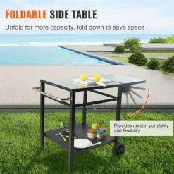 VEVOR Outdoor Grill Dining Cart with Double-Shelf, BBQ Movable Food Prep Table, Multifunctional Foldable Iron Table Top, Portable Modular Carts for Pizza Oven, Worktable with 2 Wheels, Carry Handle