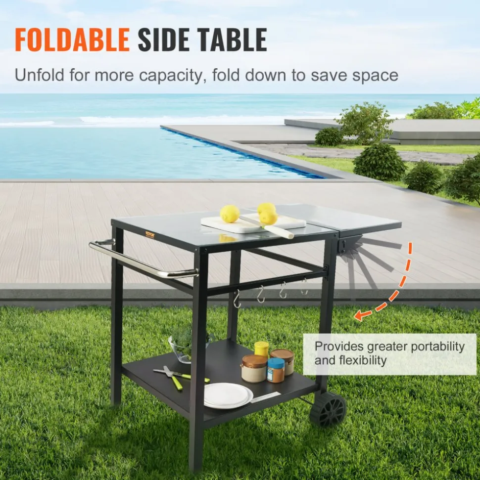 VEVOR Outdoor Grill Dining Cart with Double-Shelf, BBQ Movable Food Prep Table, Multifunctional Foldable Iron Table Top, Portable Modular Carts for Pizza Oven, Worktable with 2 Wheels, Carry Handle