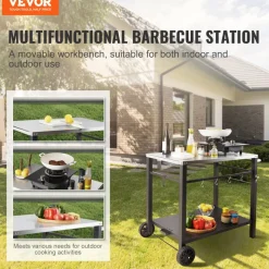 VEVOR Outdoor Grill Dining Cart with Double-Shelf, BBQ Movable Food Prep Table, Multifunctional Stainless Steel Table Top, Portable Modular Carts for Pizza Oven, Worktable with 2 Wheels, Carry Handle