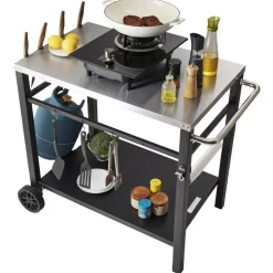 VEVOR Outdoor Grill Dining Cart with Double-Shelf, BBQ Movable Food Prep Table, Multifunctional Stainless Steel Table Top, Portable Modular Carts for Pizza Oven, Worktable with 2 Wheels, Carry Handle