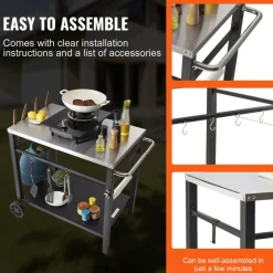 VEVOR Outdoor Grill Dining Cart with Double-Shelf, BBQ Movable Food Prep Table, Multifunctional Stainless Steel Table Top, Portable Modular Carts for Pizza Oven, Worktable with 2 Wheels, Carry Handle