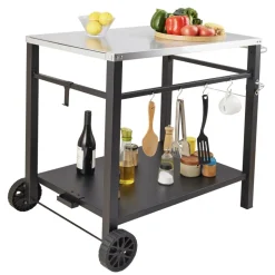 VEVOR Outdoor Grill Dining Cart with Double-Shelf, BBQ Movable Food Prep Table, Multifunctional Stainless Steel Table Top, Portable Modular Carts for Pizza Oven, Worktable with 2 Wheels, Carry Handle