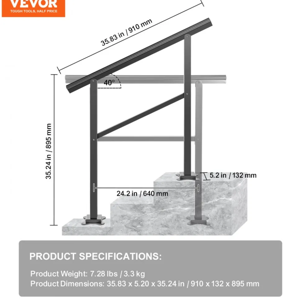 VEVOR Outdoor Handrail 165LBS Load Handrail Outdoor Stairs Aluminum Stair Handrail 36 x 35" Outdoor Stair Railing Transitional Range from 0 to 30° Staircase Handrail Fits 2-3 Steps with Screw Kit