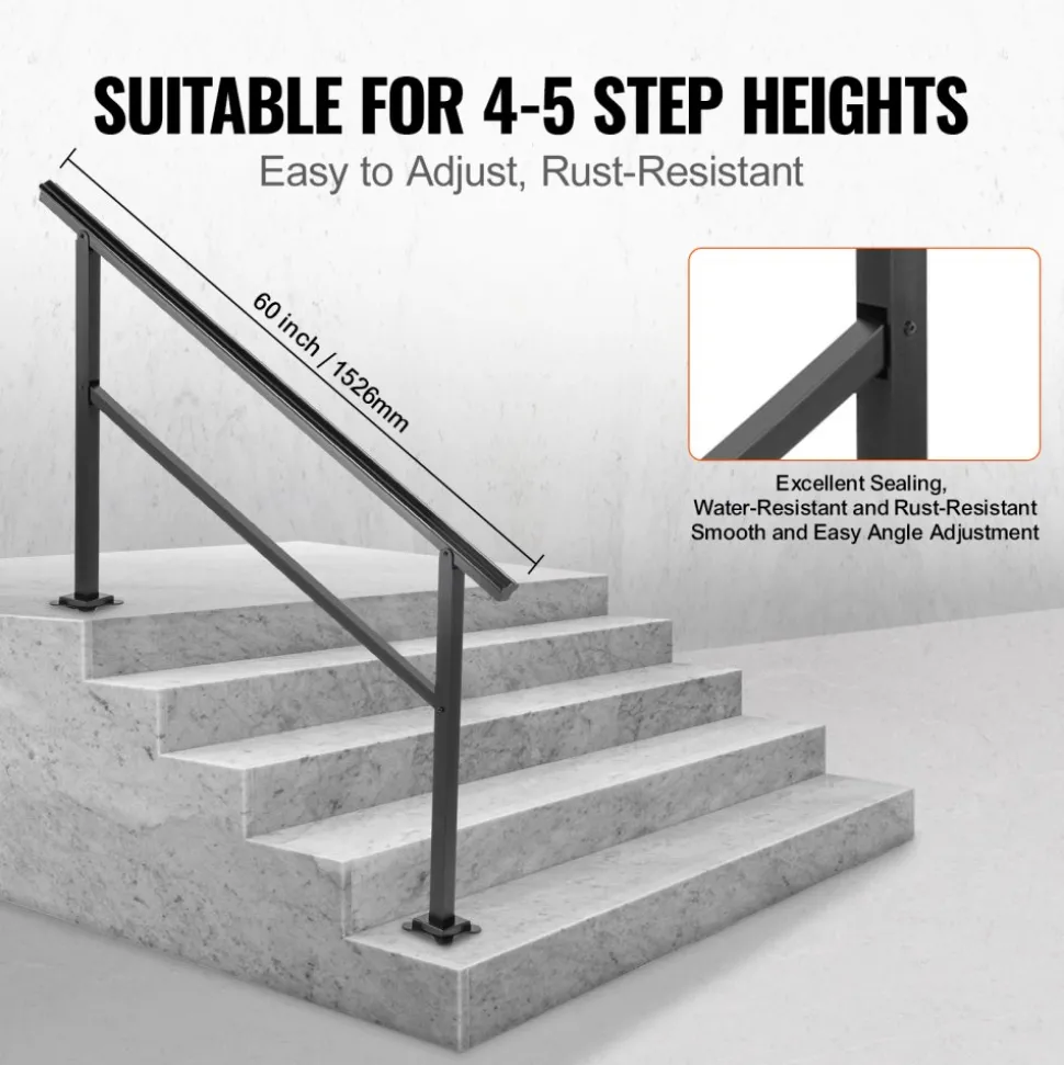 VEVOR Outdoor Handrail 165LBS Load Handrail Outdoor Stairs Aluminum Stair Handrail 60 x 35" Outdoor Stair Railing Transitional Range from 0 to 30° Staircase Handrail Fits 4-5 Steps with Screw Kit