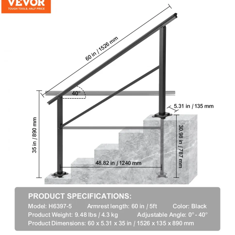 VEVOR Outdoor Handrail 165LBS Load Handrail Outdoor Stairs Aluminum Stair Handrail 60 x 35" Outdoor Stair Railing Transitional Range from 0 to 30° Staircase Handrail Fits 4-5 Steps with Screw Kit