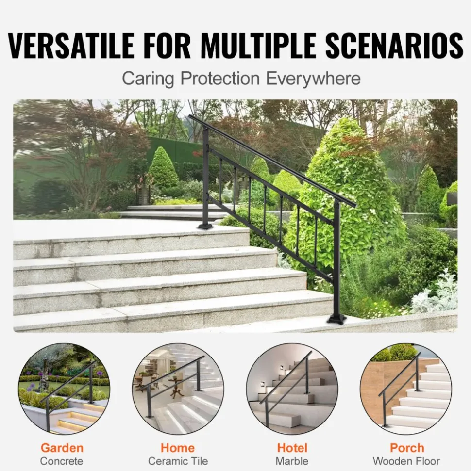 VEVOR Outdoor Handrail 165LBS Load Handrail Outdoor Stairs Aluminum Stair Handrail 60 x 35" Outdoor Stair Railing Transitional Range from 0 to 30° Staircase Handrail Fits 4-5 Steps with Screw Kit