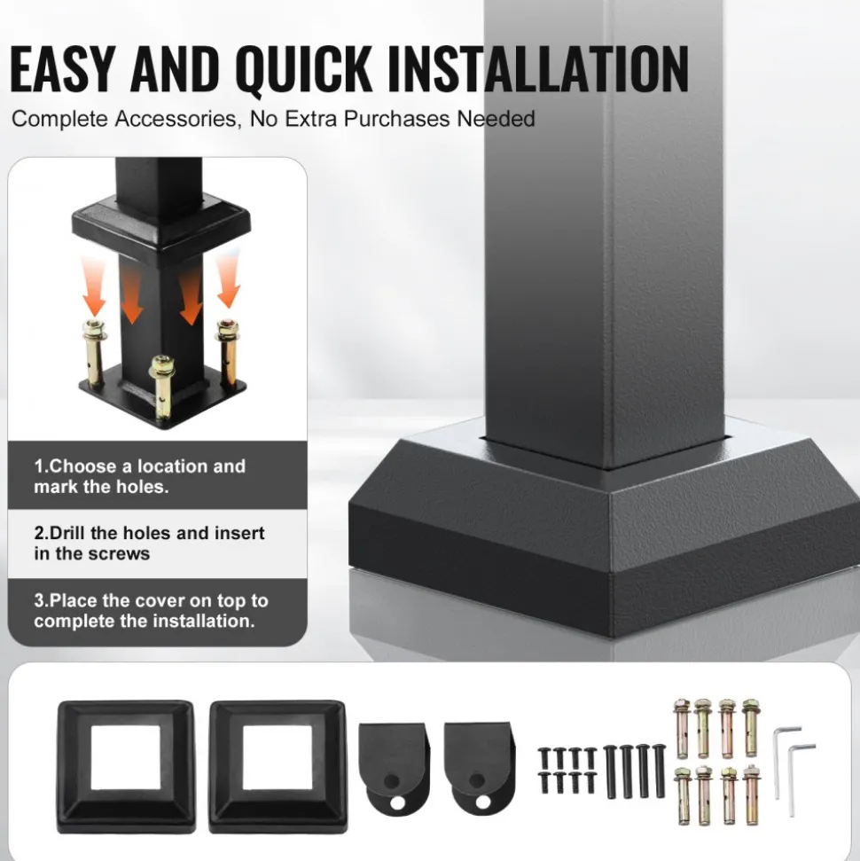VEVOR Outdoor Handrails for Steps, 2-3 Step Stair Rail Kit, Black Square Tube with Horizontal Bar, Carbon Steel Support Rails for Seniors, Concrete & Deck Stairs, Easy Installation