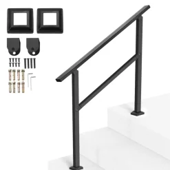 VEVOR Outdoor Handrails for Steps, 2-3 Step Stair Rail Kit, Black Square Tube with Horizontal Bar, Carbon Steel Support Rails for Seniors, Concrete & Deck Stairs, Easy Installation