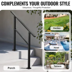 VEVOR Outdoor Handrails for Steps, 2-3 Step Stair Rail Kit, Black Square Tube with Horizontal Bar, Carbon Steel Support Rails for Seniors, Concrete & Deck Stairs, Easy Installation