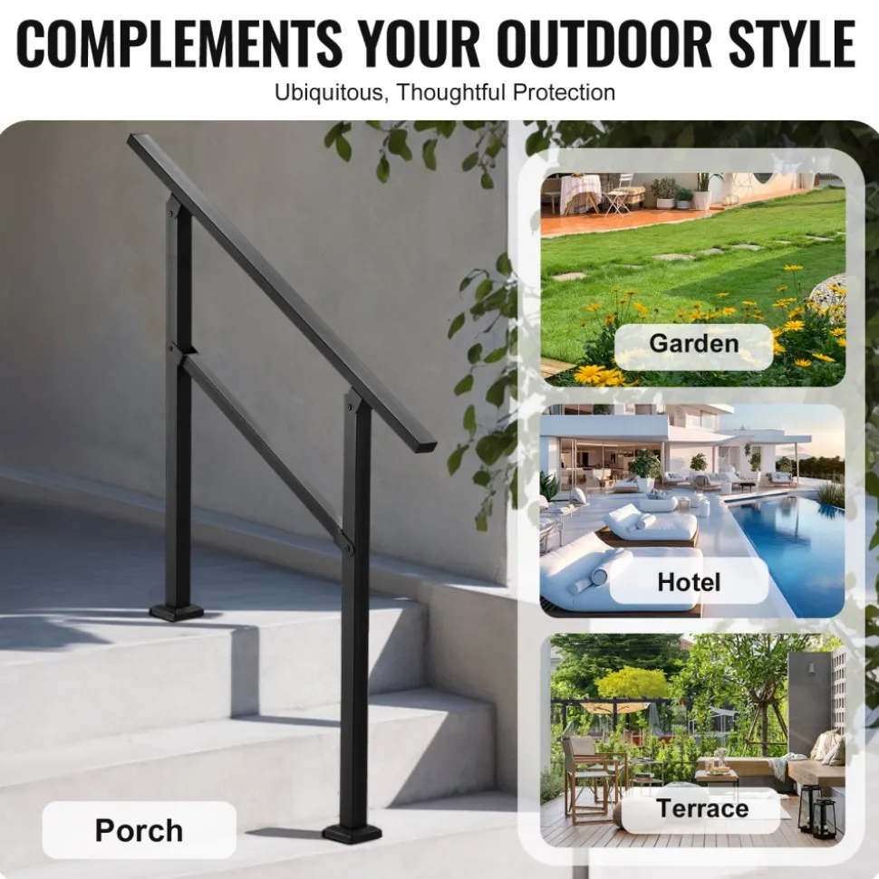 VEVOR Outdoor Handrails for Steps, 2-3 Step Stair Rail Kit, Black Square Tube with Horizontal Bar, Carbon Steel Support Rails for Seniors, Concrete & Deck Stairs, Easy Installation