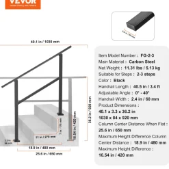 VEVOR Outdoor Handrails for Steps, 2-3 Step Stair Rail Kit, Black Square Tube with Horizontal Bar, Carbon Steel Support Rails for Seniors, Concrete & Deck Stairs, Easy Installation