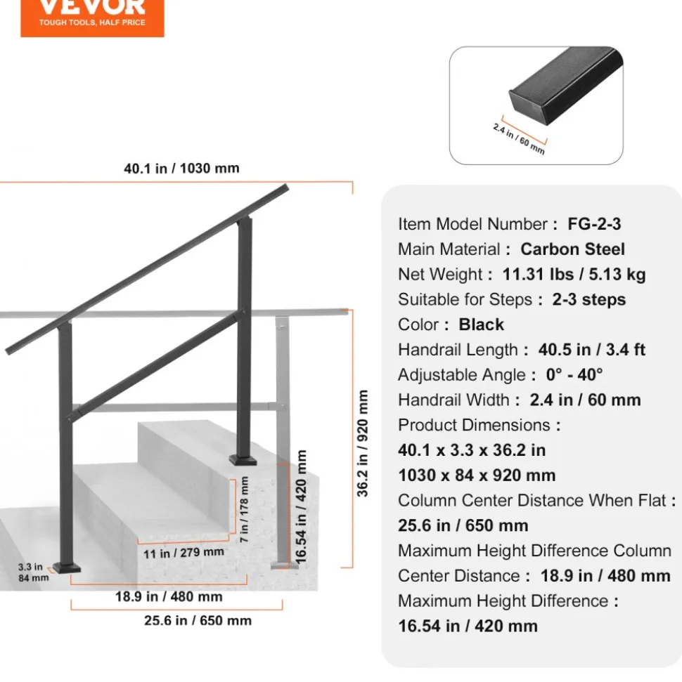 VEVOR Outdoor Handrails for Steps, 2-3 Step Stair Rail Kit, Black Square Tube with Horizontal Bar, Carbon Steel Support Rails for Seniors, Concrete & Deck Stairs, Easy Installation