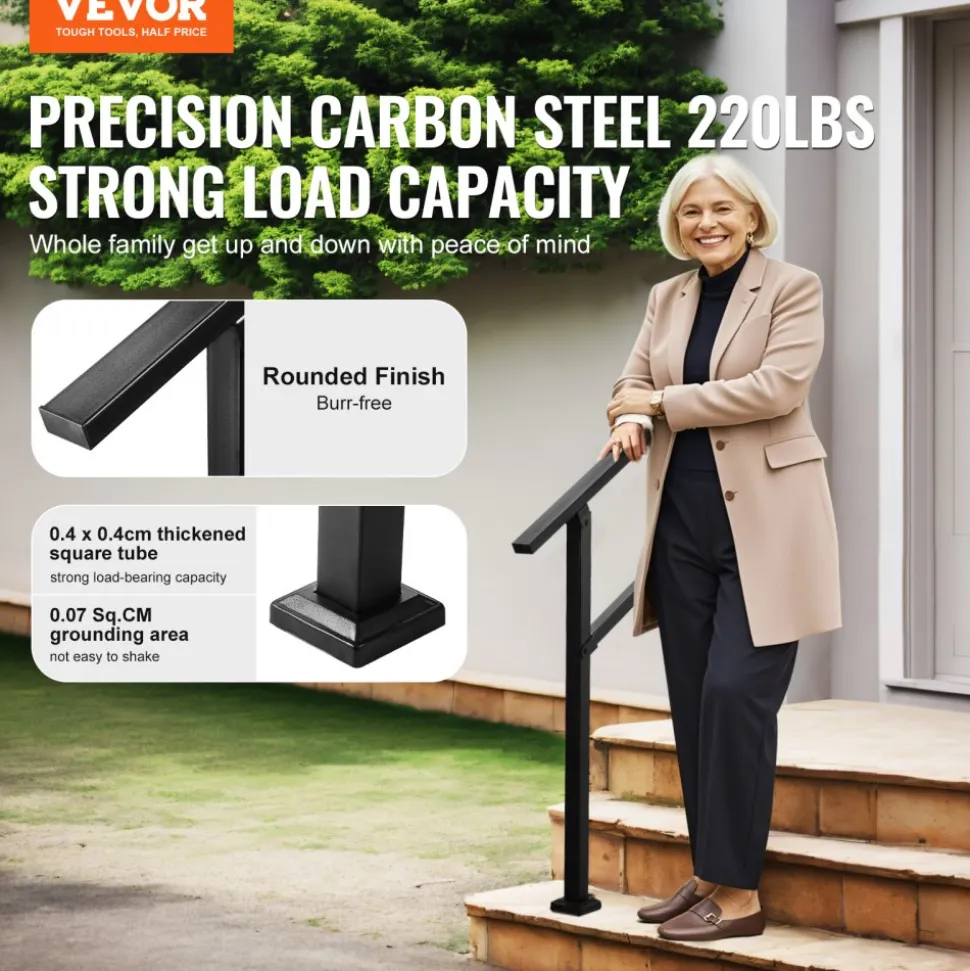 VEVOR Outdoor Handrails for Steps, 2-3 Step Stair Rail Kit, Black Square Tube with Horizontal Bar, Carbon Steel Support Rails for Seniors, Concrete & Deck Stairs, Easy Installation