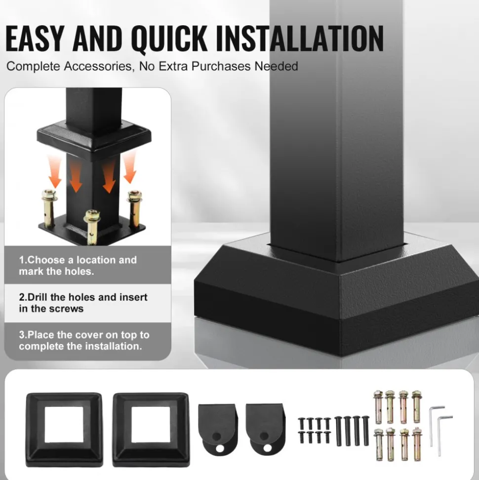 VEVOR Outdoor Handrails for Steps, 4-5 Step Stair Rail Kit, Black Square Tube with Horizontal Bar, Carbon Steel Support Rails for Seniors, Concrete & Deck Stairs, Easy Installation