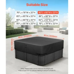 VEVOR Outdoor Hot Tub Cover, 80 x 80 x 20 Inch Weatherproof and Waterproof Hot Tub Cover Protector, 600D Heavy Duty Oxford Fabric and 950N Tearing Strength, Square Spa Covers for Hottub, Black