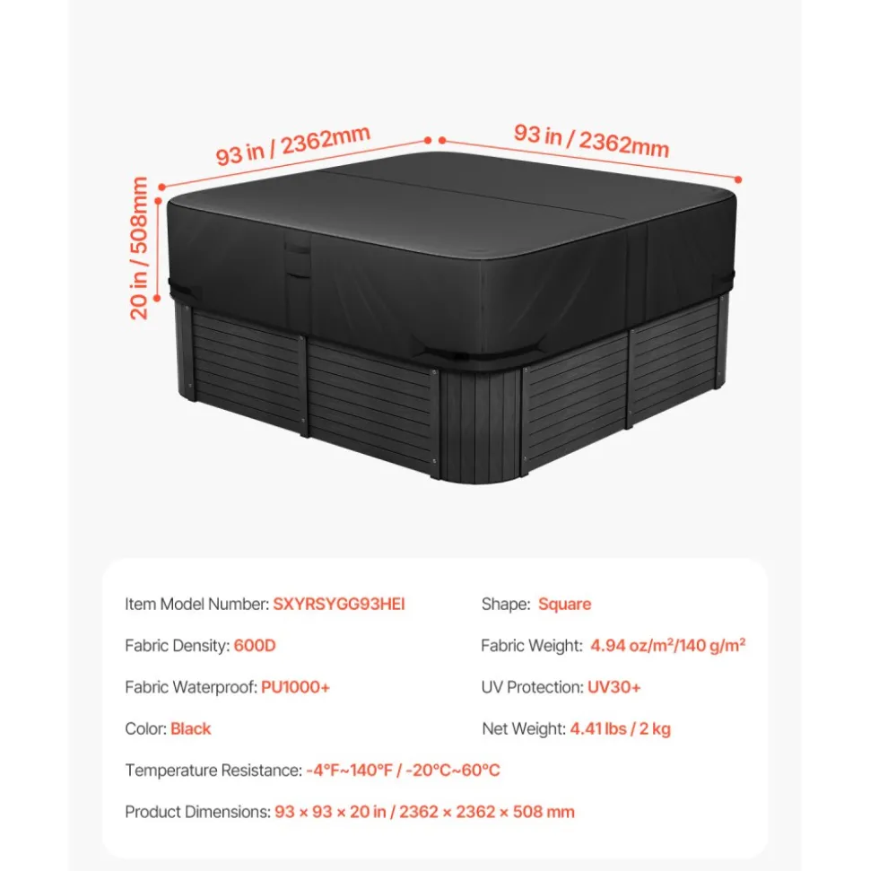 VEVOR Outdoor Hot Tub Cover, 93 x 93 x 20 Inch Weatherproof and Waterproof Hot Tub Cover Protector, 600D Heavy Duty Oxford Fabric and 950N Tearing Strength, Square Spa Covers for Hottub, Black