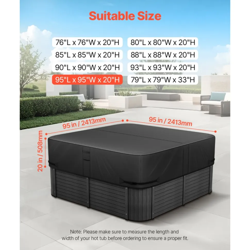 VEVOR Outdoor Hot Tub Cover, 95 x 95 x 20 Inch Weatherproof and Waterproof Hot Tub Cover Protector, 600D Heavy Duty Oxford Fabric and 950N Tearing Strength, Square Spa Covers for Hottub, Black
