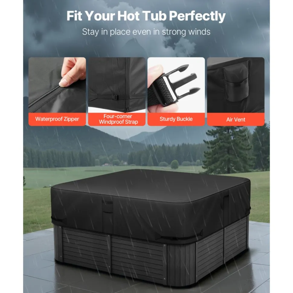VEVOR Outdoor Hot Tub Cover, 95 x 95 x 20 Inch Weatherproof and Waterproof Hot Tub Cover Protector, 600D Heavy Duty Oxford Fabric and 950N Tearing Strength, Square Spa Covers for Hottub, Black