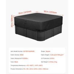 VEVOR Outdoor Hot Tub Cover, 95 x 95 x 20 Inch Weatherproof and Waterproof Hot Tub Cover Protector, 600D Heavy Duty Oxford Fabric and 950N Tearing Strength, Square Spa Covers for Hottub, Black