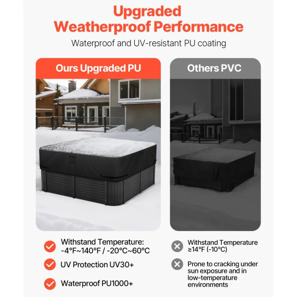 VEVOR Outdoor Hot Tub Cover, 95 x 95 x 20 Inch Weatherproof and Waterproof Hot Tub Cover Protector, 600D Heavy Duty Oxford Fabric and 950N Tearing Strength, Square Spa Covers for Hottub, Black