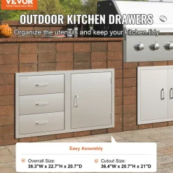 VEVOR Outdoor Kitchen Door Drawer Combo 38.1''W x 22.6''H x 20.8''D, BBQ Access Door/Triple Drawers Combo with Stainless Steel Handles, Perfect for BBQ Island Patio Grill Station
