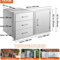 VEVOR Outdoor Kitchen Door Drawer Combo 38.1''W x 22.6''H x 20.8''D, BBQ Access Door/Triple Drawers Combo with Stainless Steel Handles, Perfect for BBQ Island Patio Grill Station