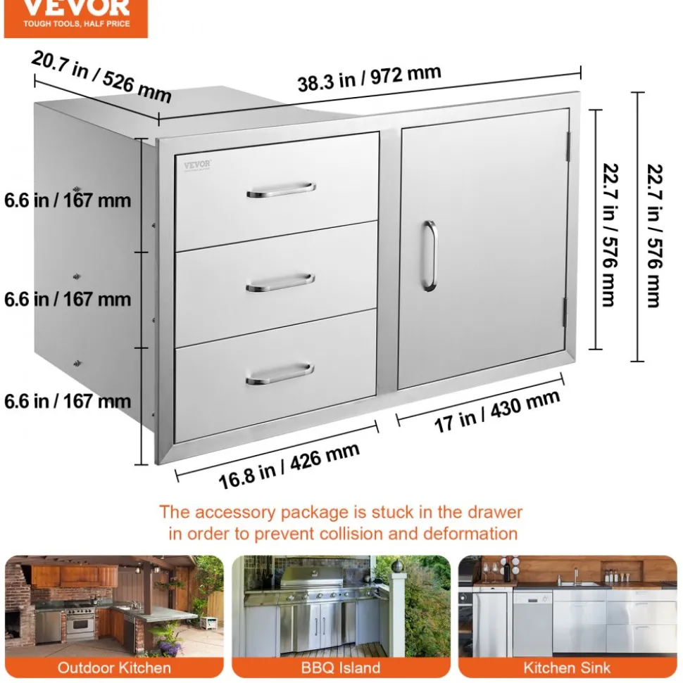 VEVOR Outdoor Kitchen Door Drawer Combo 38.1''W x 22.6''H x 20.8''D, BBQ Access Door/Triple Drawers Combo with Stainless Steel Handles, Perfect for BBQ Island Patio Grill Station