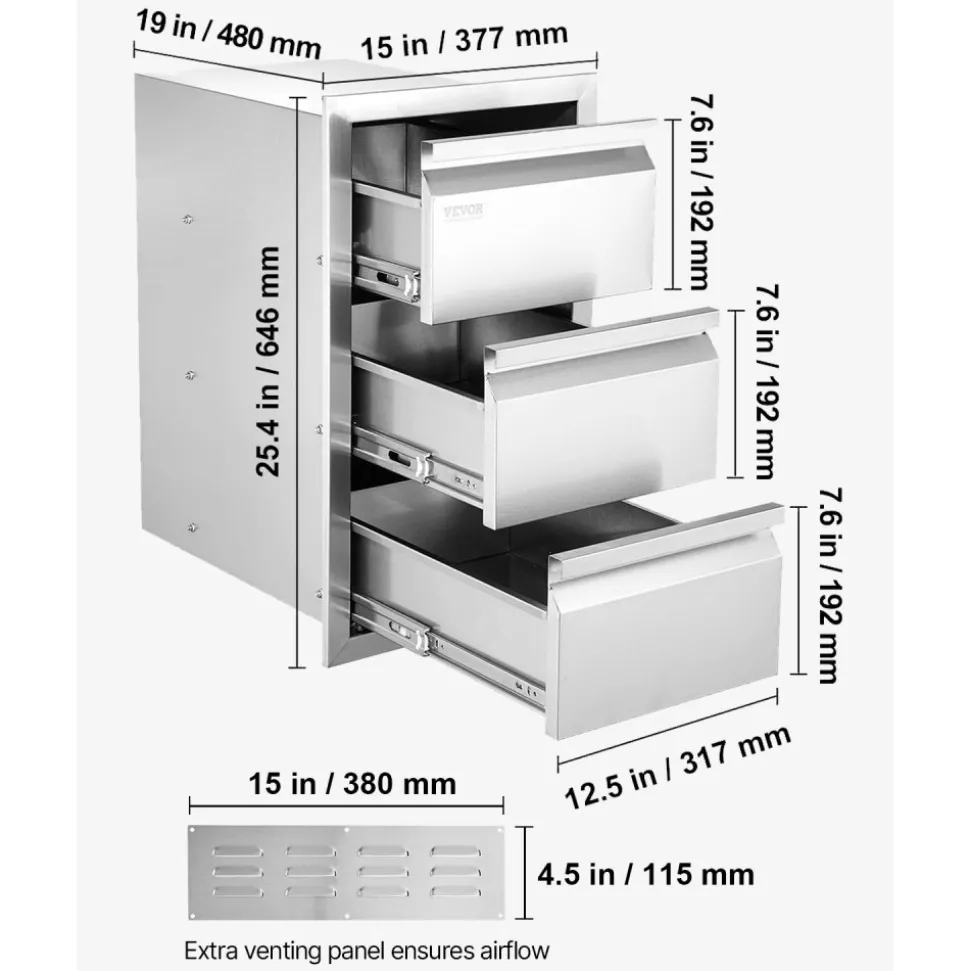 VEVOR Outdoor Kitchen Drawers 15" W x 25.4" H x 19" D, Box Frame Style Flush Mount BBQ Drawers with Stainless Steel Handle, BBQ Island Drawers for Outdoor Kitchens or Patio Grill Station