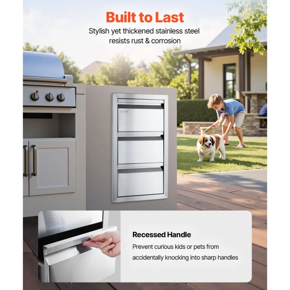 VEVOR Outdoor Kitchen Drawers 15" W x 25.4" H x 19" D, Box Frame Style Flush Mount BBQ Drawers with Stainless Steel Handle, BBQ Island Drawers for Outdoor Kitchens or Patio Grill Station
