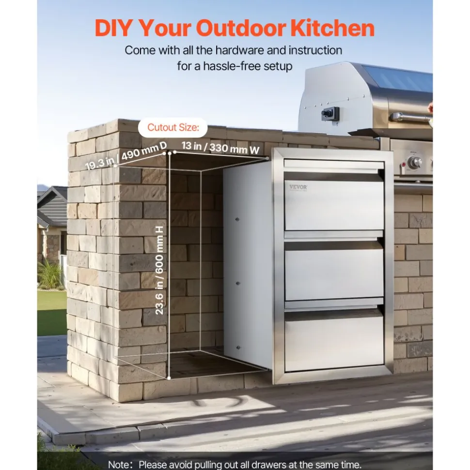 VEVOR Outdoor Kitchen Drawers 15" W x 25.4" H x 19" D, Box Frame Style Flush Mount BBQ Drawers with Stainless Steel Handle, BBQ Island Drawers for Outdoor Kitchens or Patio Grill Station