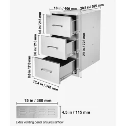 VEVOR Outdoor Kitchen Drawers 16" W x 28.5" H x 20.5" D, Flush Mount Triple Access BBQ Drawers Stainless Steel with Handle, BBQ Island Drawers for Outdoor Kitchens or Patio Grill Station