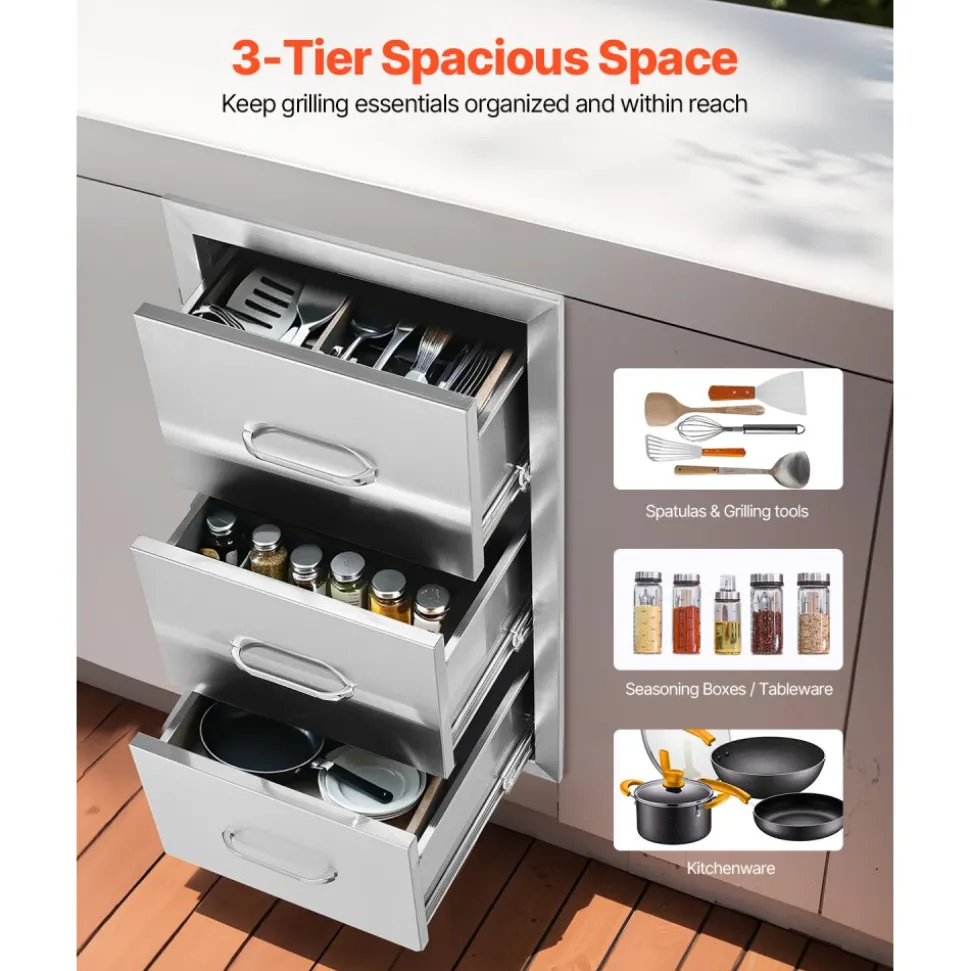 VEVOR Outdoor Kitchen Drawers 16" W x 28.5" H x 20.5" D, Flush Mount Triple Access BBQ Drawers Stainless Steel with Handle, BBQ Island Drawers for Outdoor Kitchens or Patio Grill Station