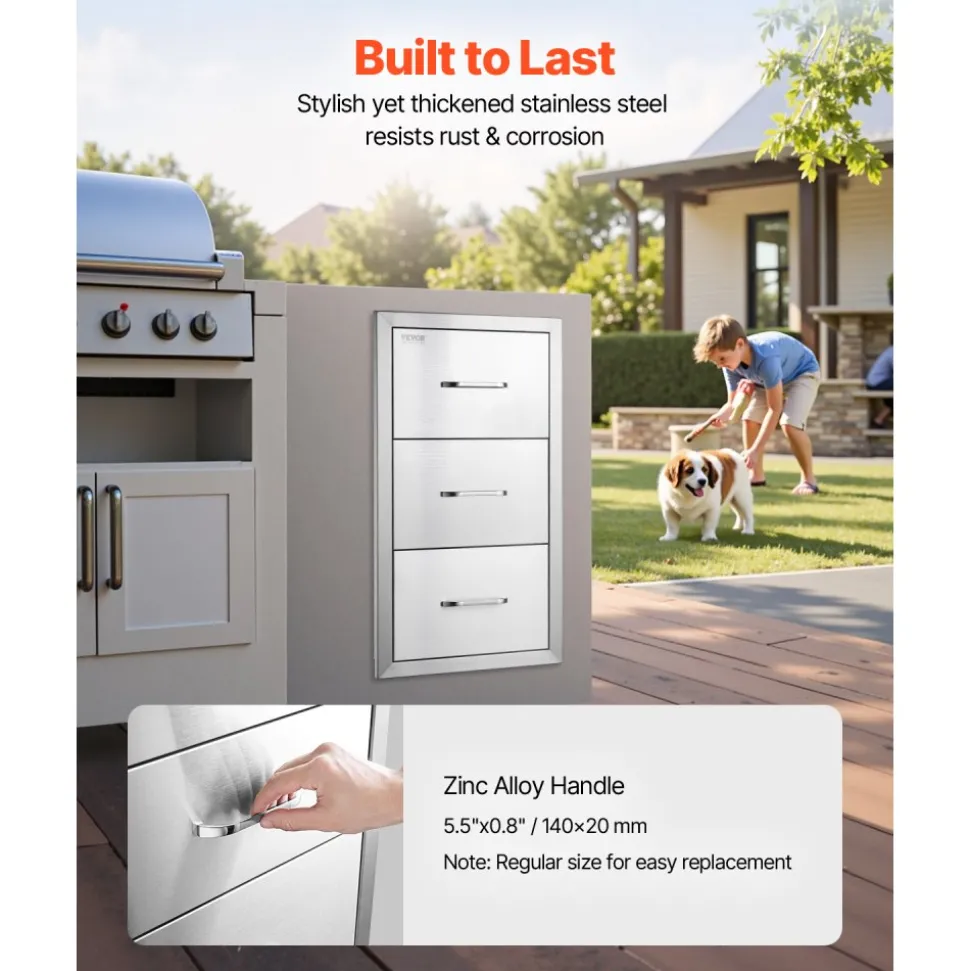 VEVOR Outdoor Kitchen Drawers 16" W x 28.5" H x 20.5" D, Flush Mount Triple Access BBQ Drawers Stainless Steel with Handle, BBQ Island Drawers for Outdoor Kitchens or Patio Grill Station
