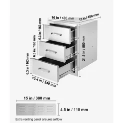 VEVOR Outdoor Kitchen Drawers 16" W x 21.5" H x 18" D, Flush Mount Triple Access BBQ Drawers with Stainless Steel Handle, BBQ Island Drawers for Outdoor Kitchens or BBQ Island Patio Grill Station