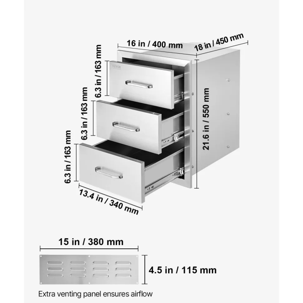 VEVOR Outdoor Kitchen Drawers 16" W x 21.5" H x 18" D, Flush Mount Triple Access BBQ Drawers with Stainless Steel Handle, BBQ Island Drawers for Outdoor Kitchens or BBQ Island Patio Grill Station