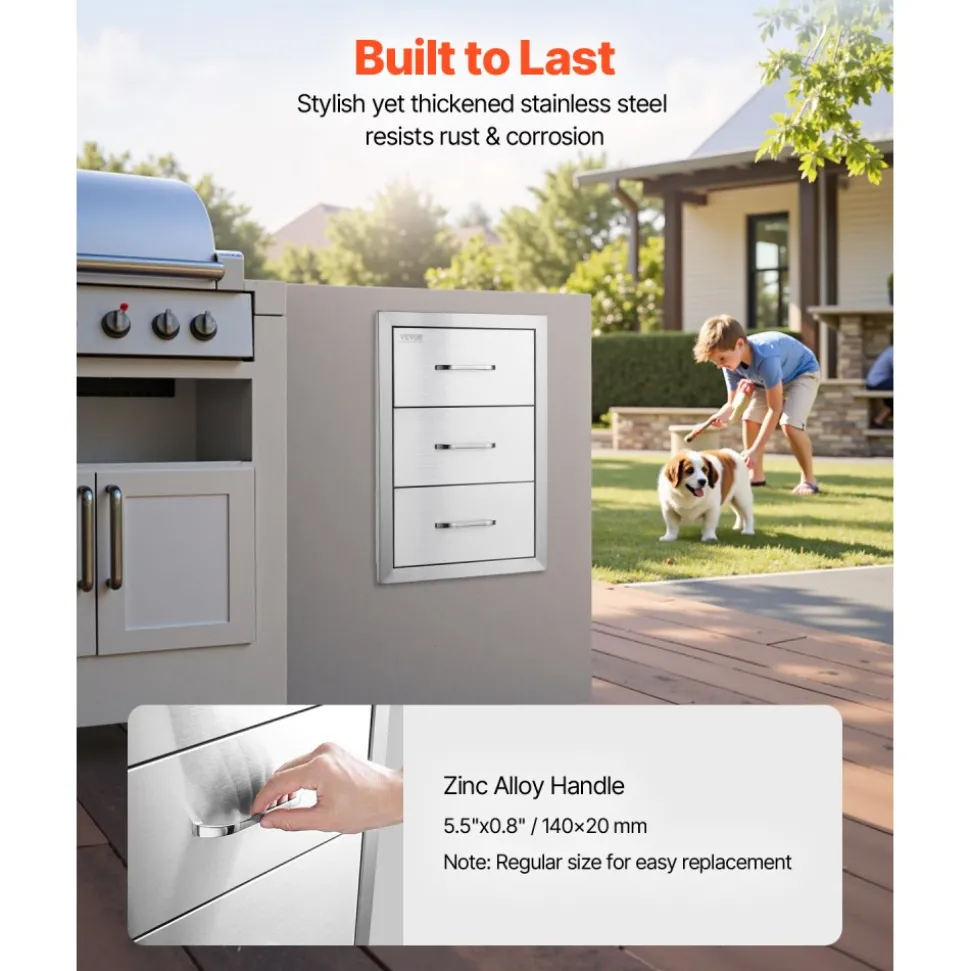 VEVOR Outdoor Kitchen Drawers 16" W x 21.5" H x 18" D, Flush Mount Triple Access BBQ Drawers with Stainless Steel Handle, BBQ Island Drawers for Outdoor Kitchens or BBQ Island Patio Grill Station