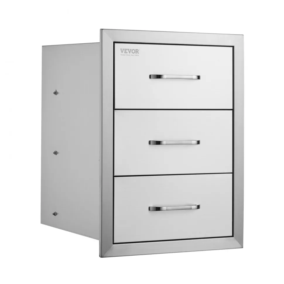 VEVOR Outdoor Kitchen Drawers 16" W x 21.5" H x 18" D, Flush Mount Triple Access BBQ Drawers with Stainless Steel Handle, BBQ Island Drawers for Outdoor Kitchens or BBQ Island Patio Grill Station