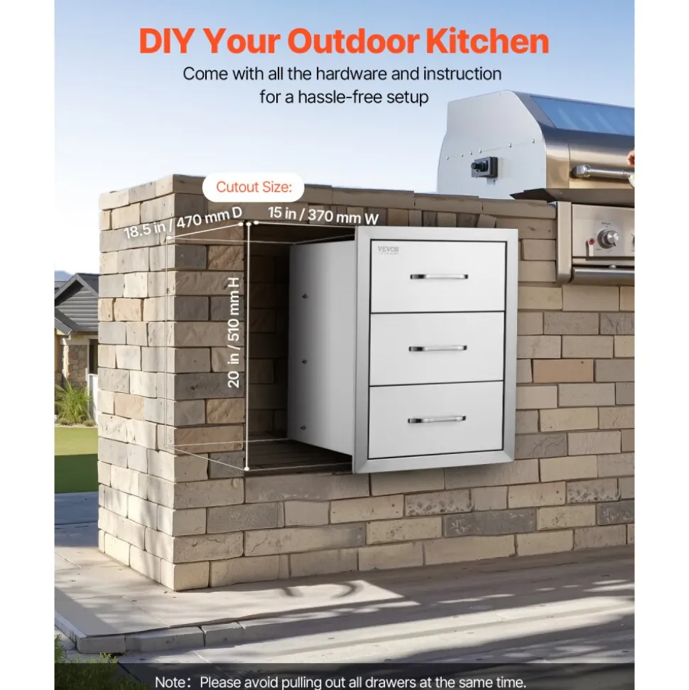 VEVOR Outdoor Kitchen Drawers 16" W x 21.5" H x 18" D, Flush Mount Triple Access BBQ Drawers with Stainless Steel Handle, BBQ Island Drawers for Outdoor Kitchens or BBQ Island Patio Grill Station