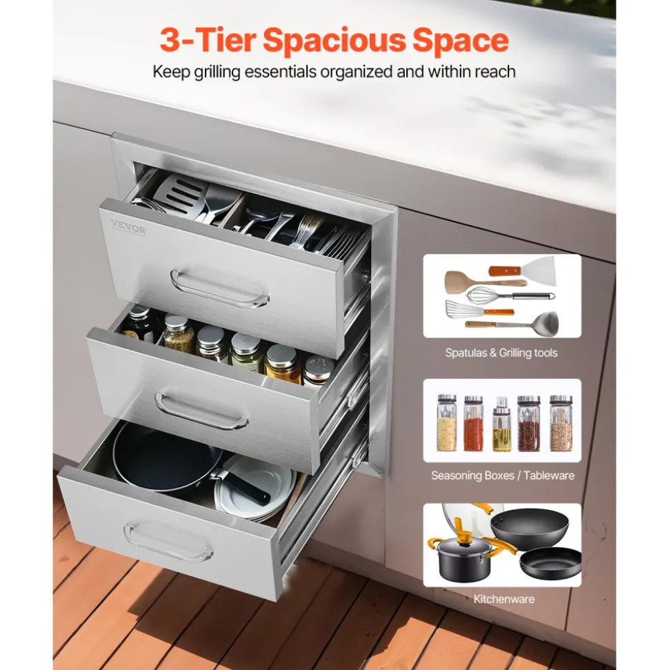VEVOR Outdoor Kitchen Drawers 16" W x 21.5" H x 18" D, Flush Mount Triple Access BBQ Drawers with Stainless Steel Handle, BBQ Island Drawers for Outdoor Kitchens or BBQ Island Patio Grill Station