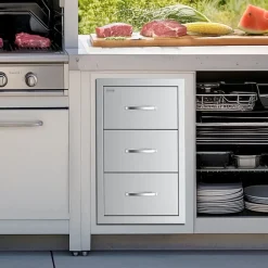 VEVOR Outdoor Kitchen Drawers, 16.5"W x 29"H x 20.5"D Triple Access Drawers, Stainless Steel Flush Mount Cabinets, BBQ Island Drawers Storage with Paper Towel Holder & Handle, for Patio Grill Station