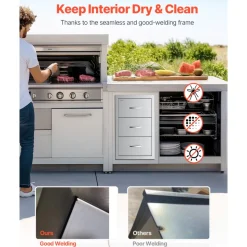 VEVOR Outdoor Kitchen Drawers, 16.5"W x 29"H x 20.5"D Triple Access Drawers, Stainless Steel Flush Mount Cabinets, BBQ Island Drawers Storage with Paper Towel Holder & Handle, for Patio Grill Station