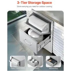 VEVOR Outdoor Kitchen Drawer 16Wx24.4Hx16D Inch Stainless Steel Pull Out Trash Drawer with Handle for Outdoor Kitchen BBQ Island