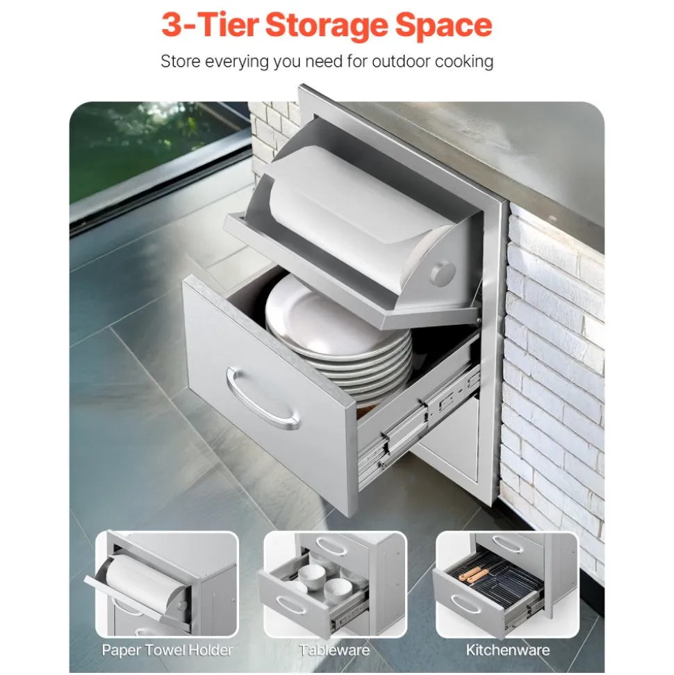 VEVOR Outdoor Kitchen Drawer 16Wx24.4Hx16D Inch Stainless Steel Pull Out Trash Drawer with Handle for Outdoor Kitchen BBQ Island